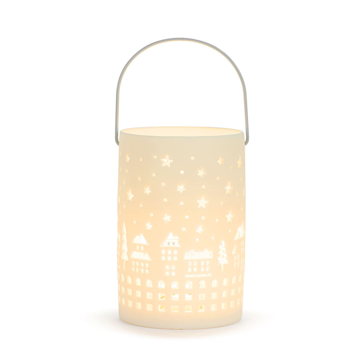 White LED Ceramic Holiday Village Scene Small Lantern