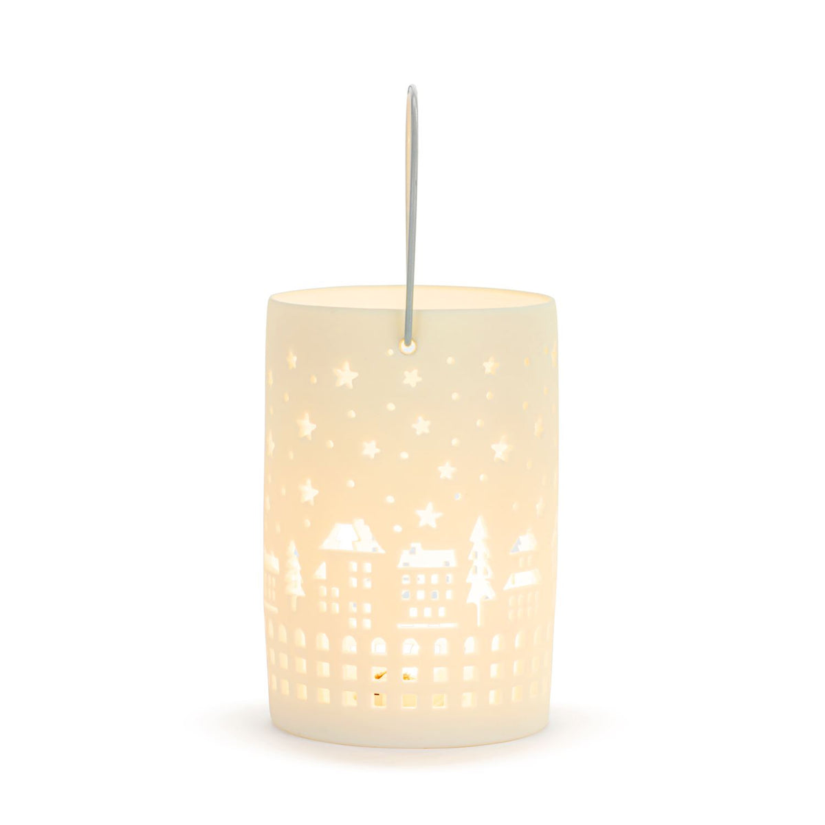 White LED Ceramic Holiday Village Scene Small Lantern