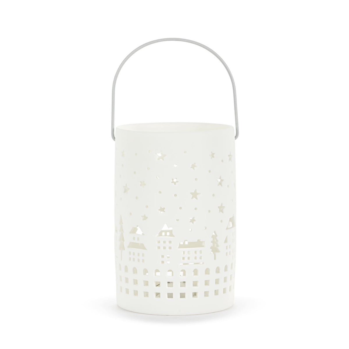 White LED Ceramic Holiday Village Scene Small Lantern