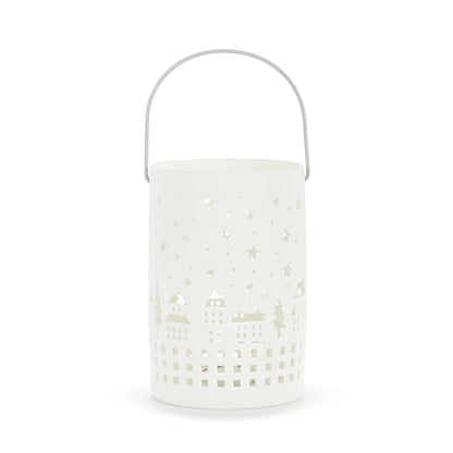 White LED Ceramic Holiday Village Scene Small Lantern