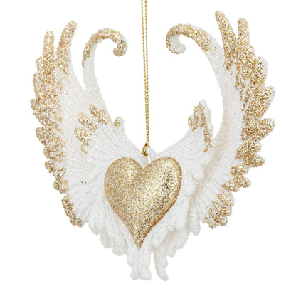 White & Gold Angel Wing with Heart Ornament