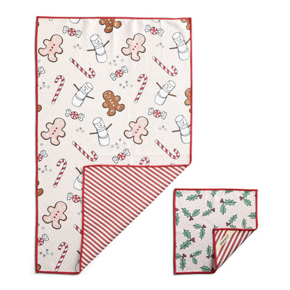 Pink & Red Holly Striped Absorbent Towel & Dish Cloth Set