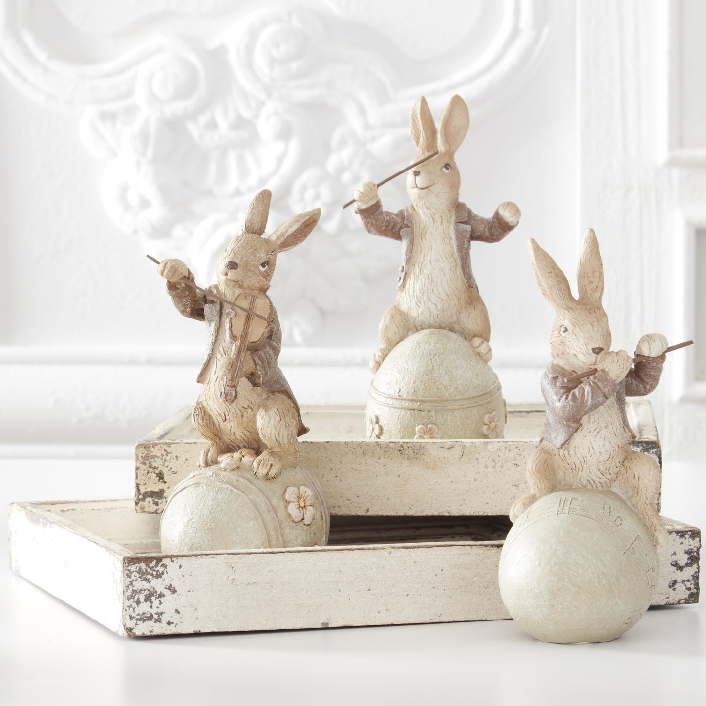 Brown Resin Musical Bunnies On Eggs