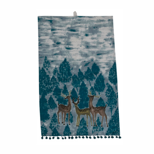 Cotton Printed Tea Towel - Blue with Deer