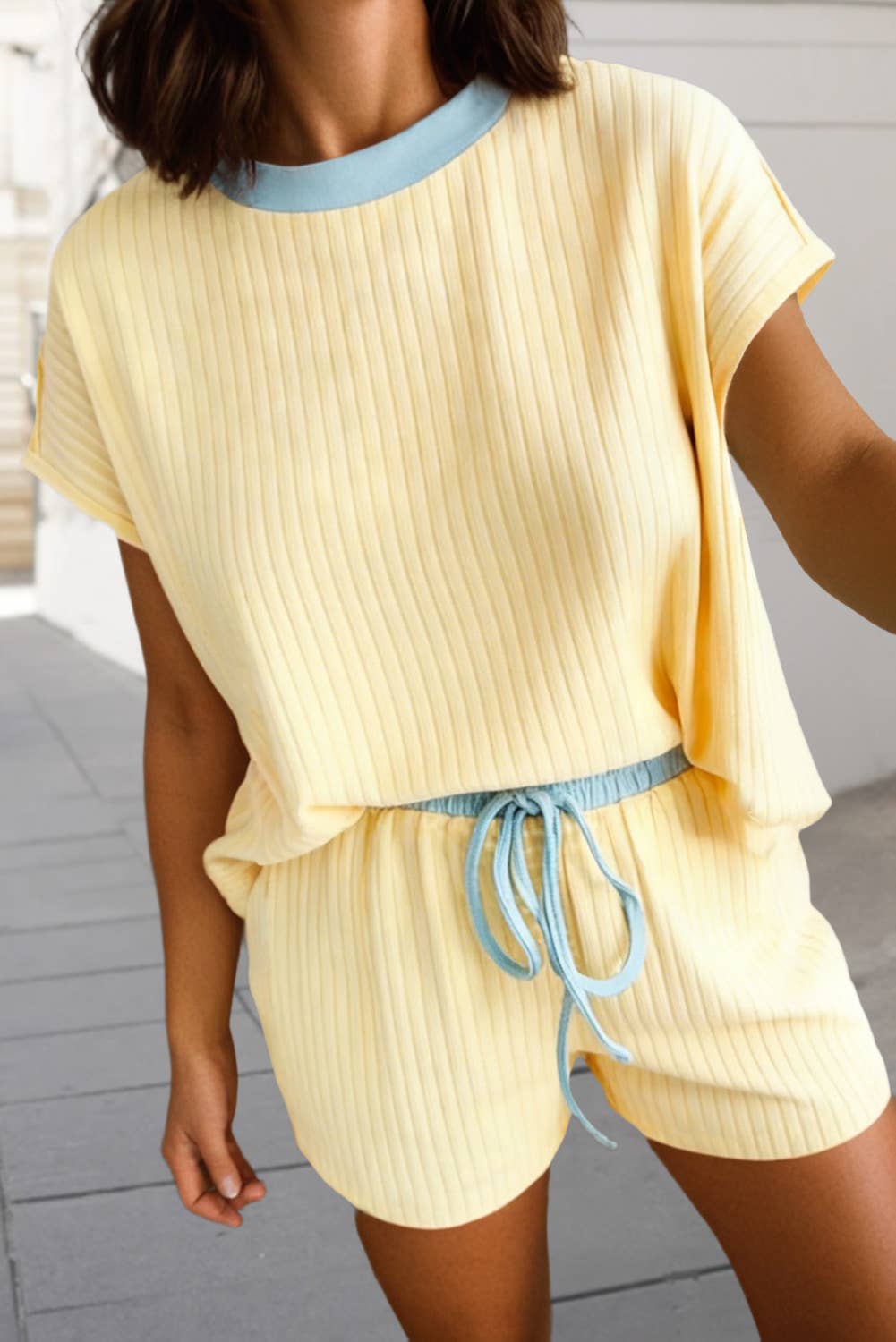 Ribbed Contrast Trim Shirt & Shorts Set