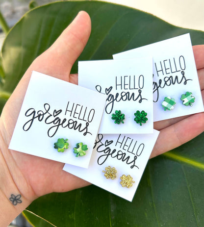 Hello Gorgeous Shamrock Stud Earrings - Plaid