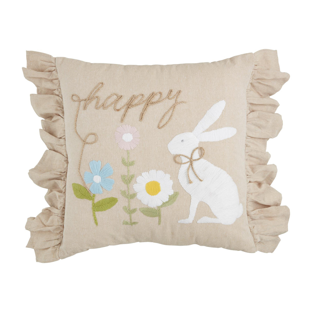 Square Bunny Embroidered Pillow - Happy
