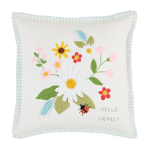 Square Floral Embroidered Pillow - White