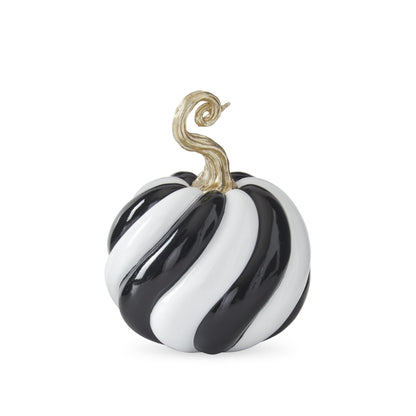 Glossy Black & White Spiraled Resin Pumpkins with Gold Stem