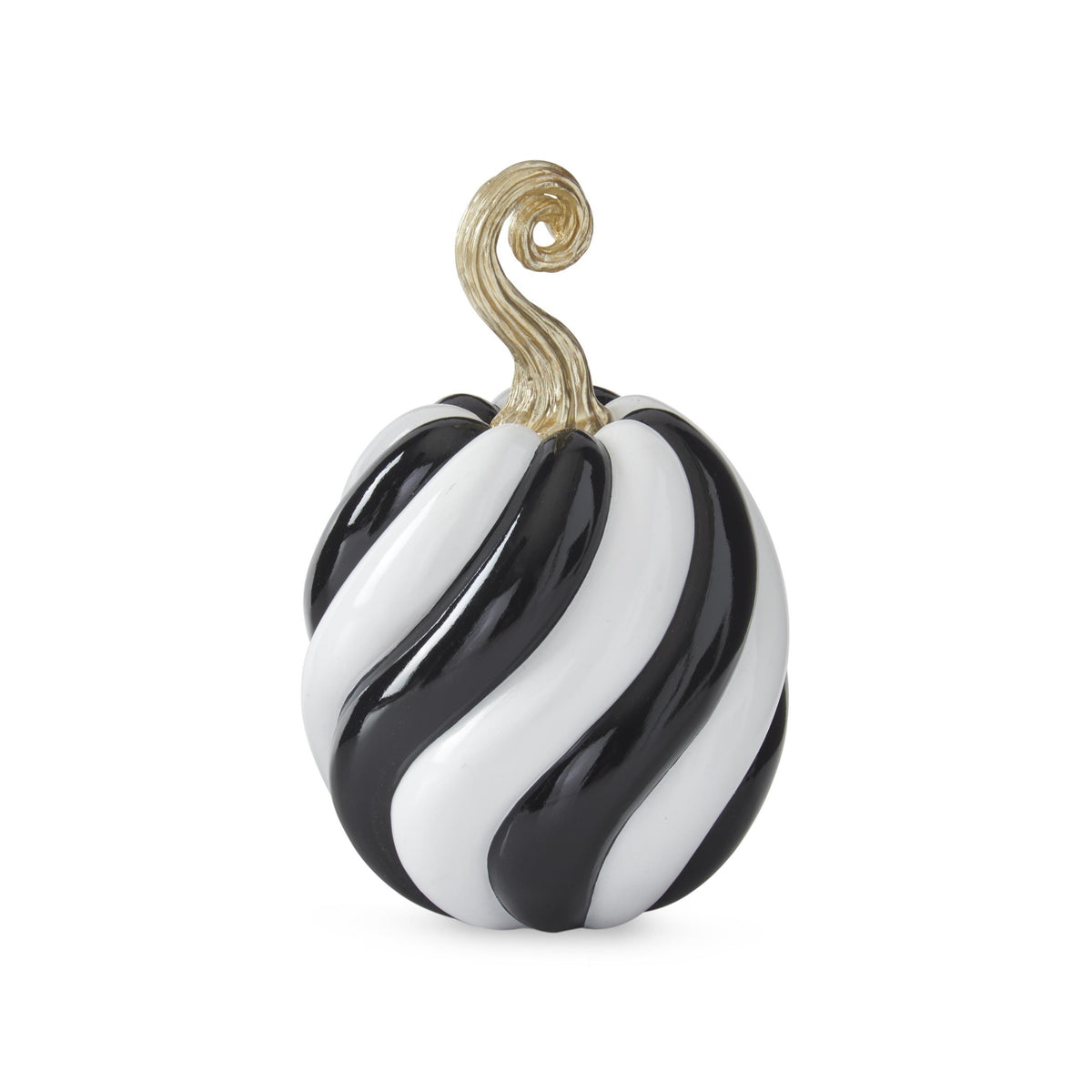 Glossy Black & White Spiraled Resin Pumpkins with Gold Stem