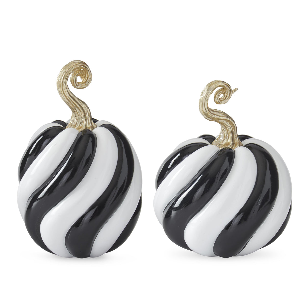 Glossy Black & White Spiraled Resin Pumpkins with Gold Stem