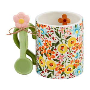 Floral Mug With Spoon Set - Green Handle