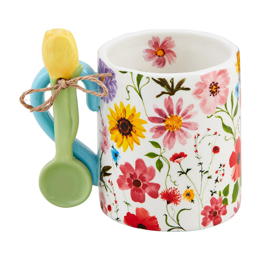 Floral Mug With Spoon Set - Blue Handle