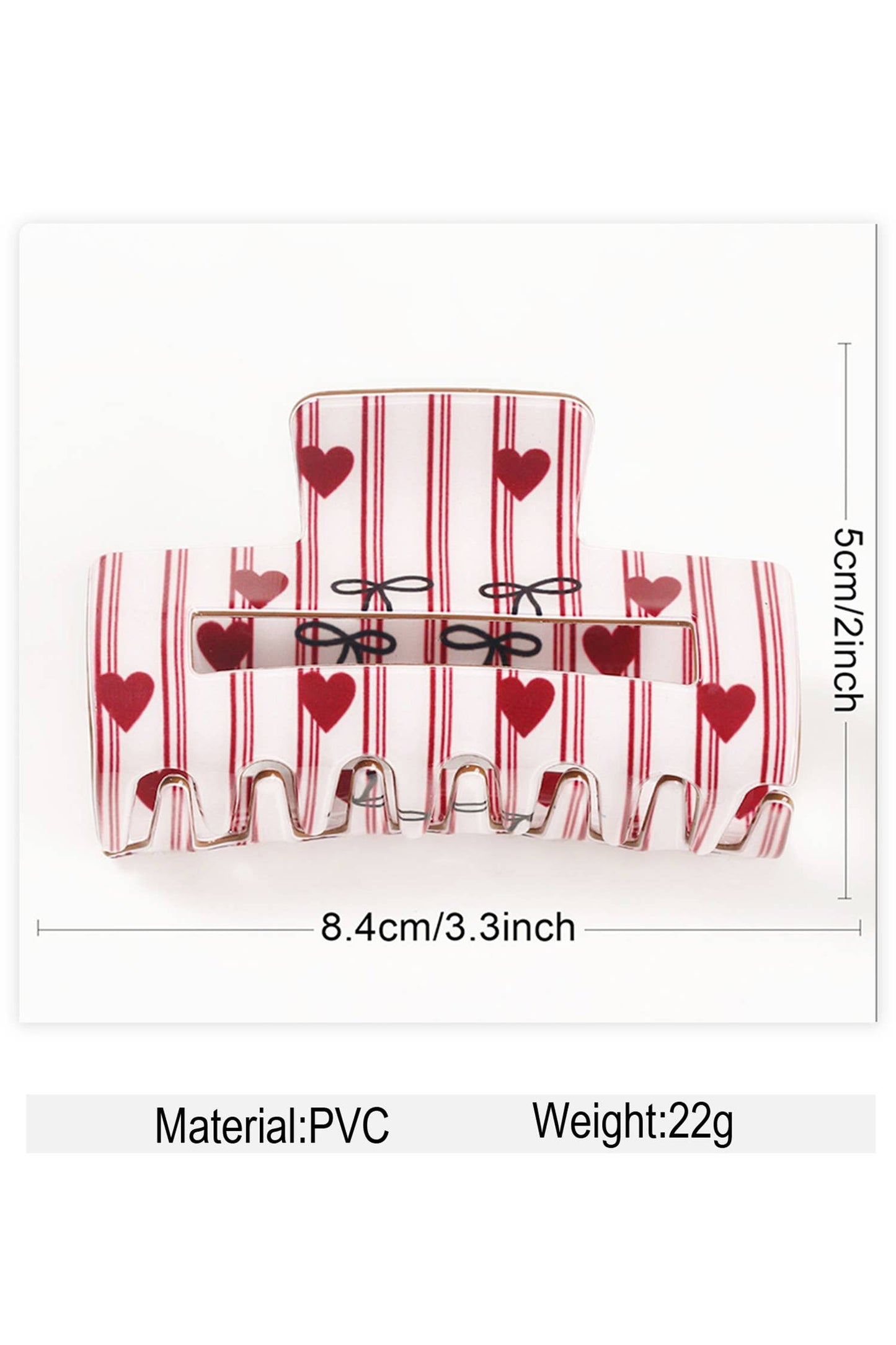 Striped Heart & Bow Rectangle Hair Claw Clip