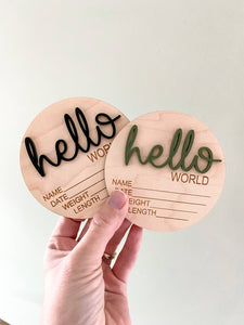 Wooden Birth Stat Announcement Disc - Hello World