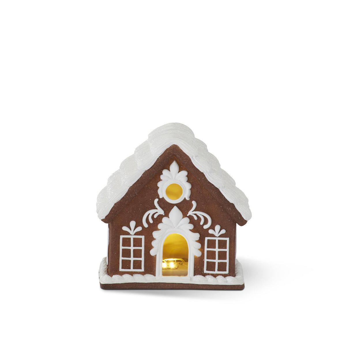 Small Resin LED Gingerbread House with White Glittered Icing