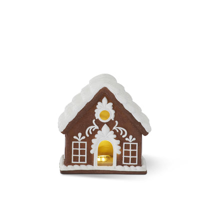 Small Resin LED Gingerbread House with White Glittered Icing