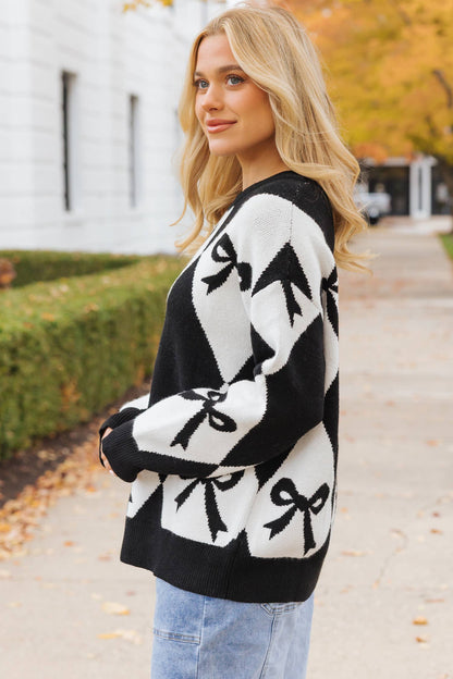 Bow Black & White Rhombus Knit Loose Fit Sweater