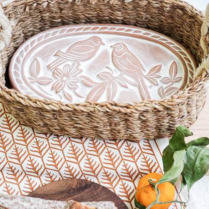 Oval Handmade Bread Warmer & Wicker Basket - Lovebirds