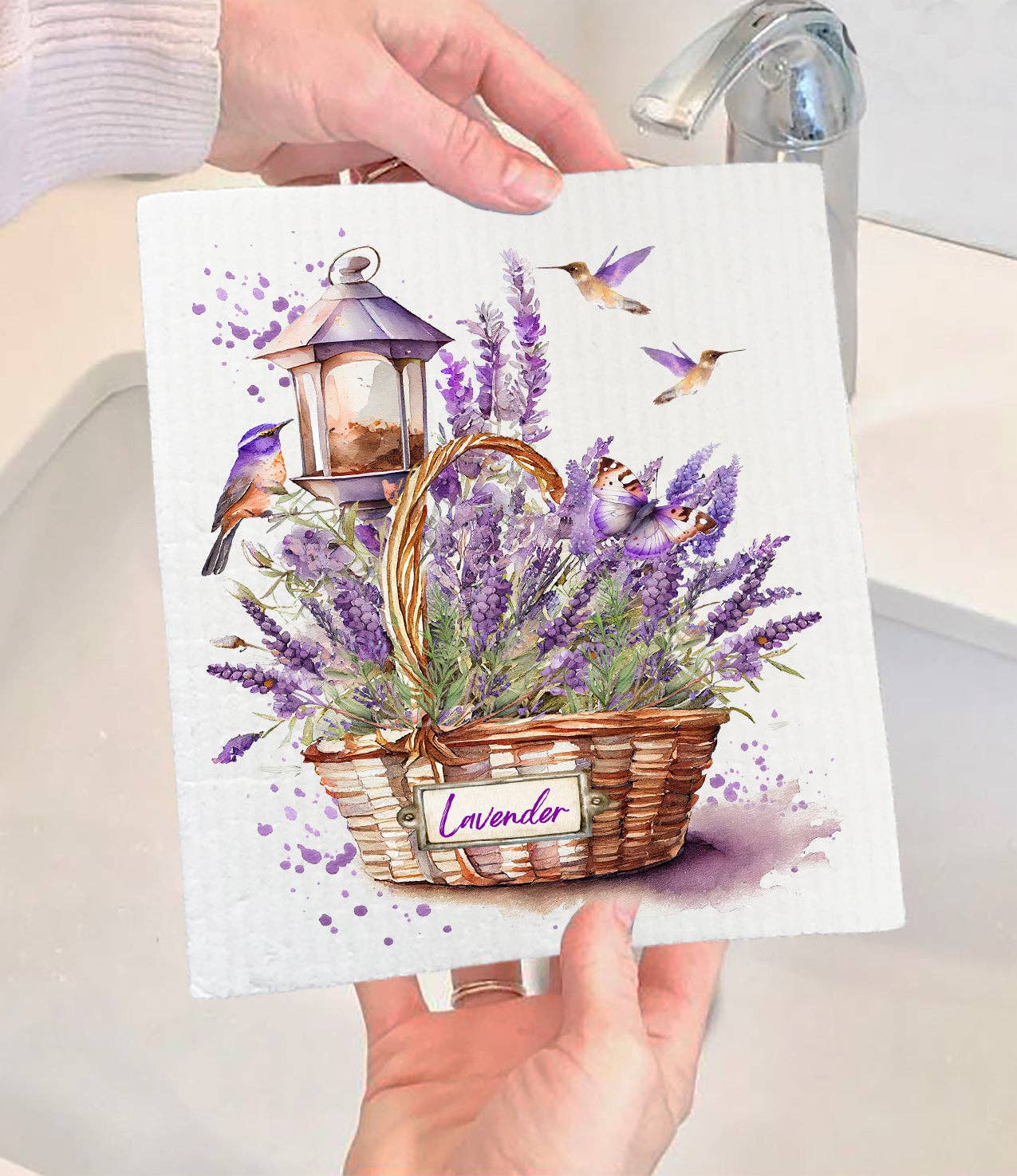 Basket of Lavender & Humming Birds Swedish Dishcloth