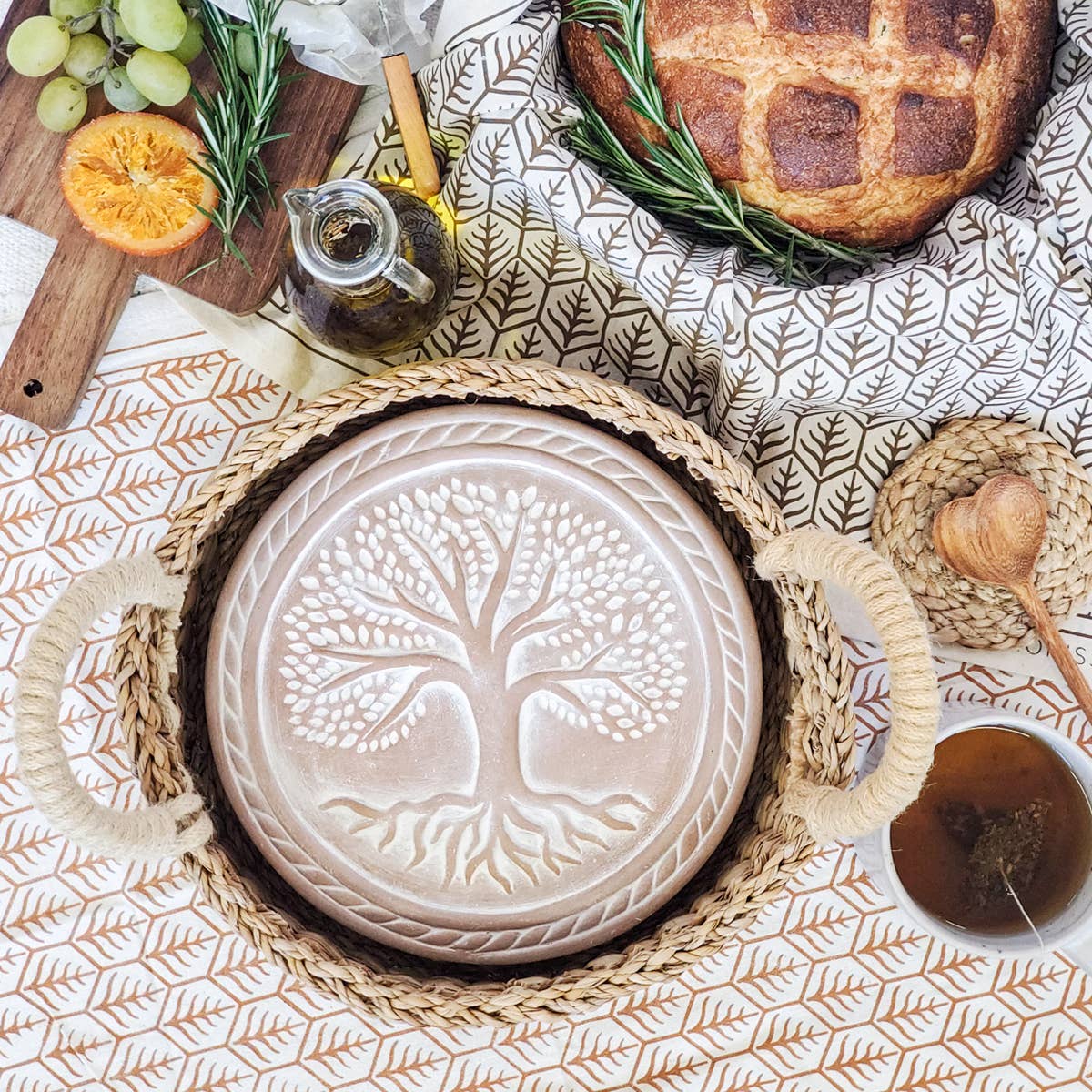 Round Handmade Bread Warmer & Wicker Basket - Tree of Life