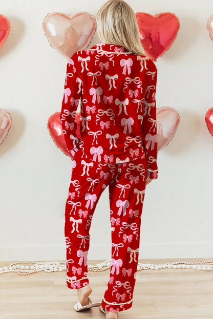 Red & Pink Bow Print Festival Pajama Set