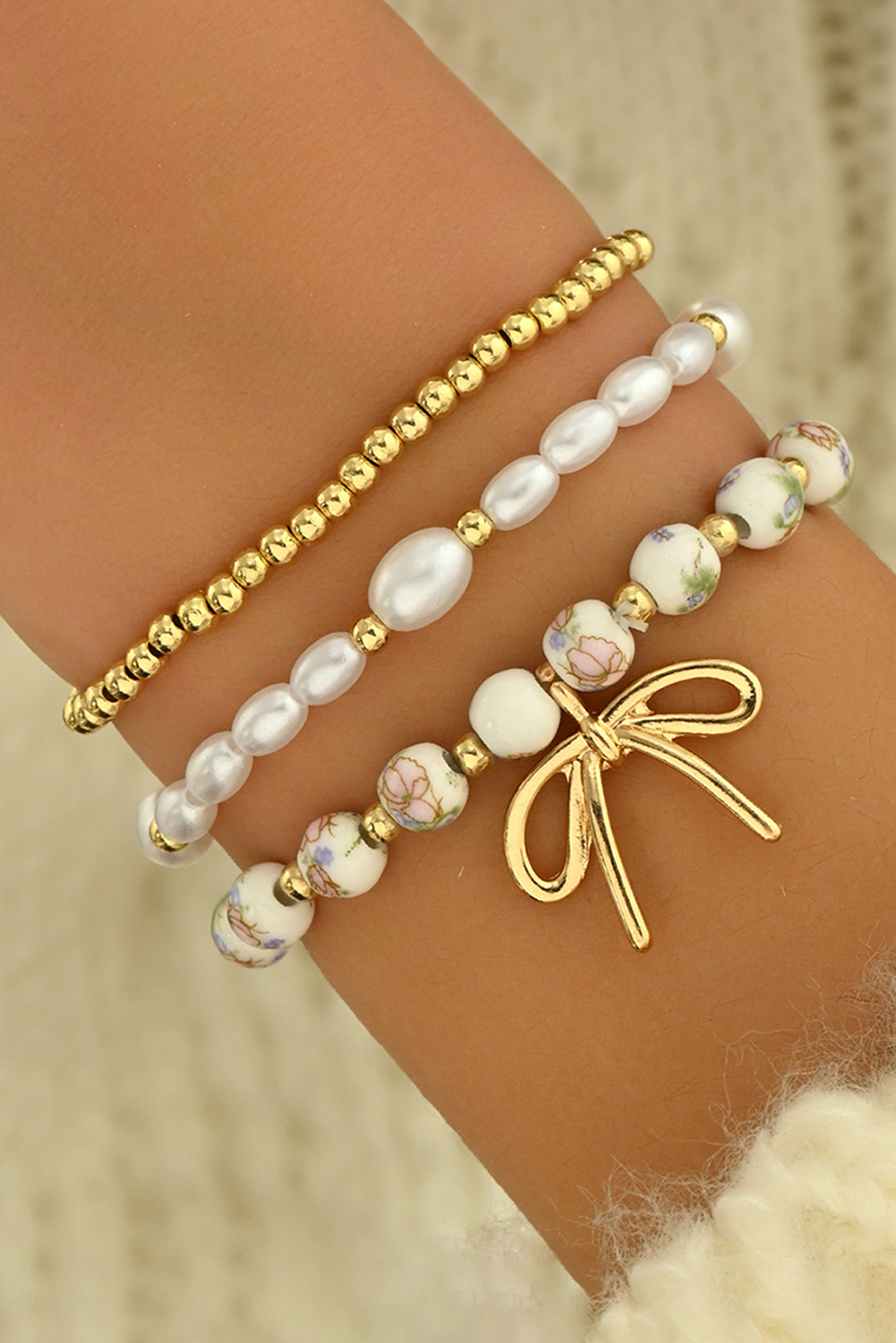 Bow Knot Beaded Triple Layer Bracelet Set