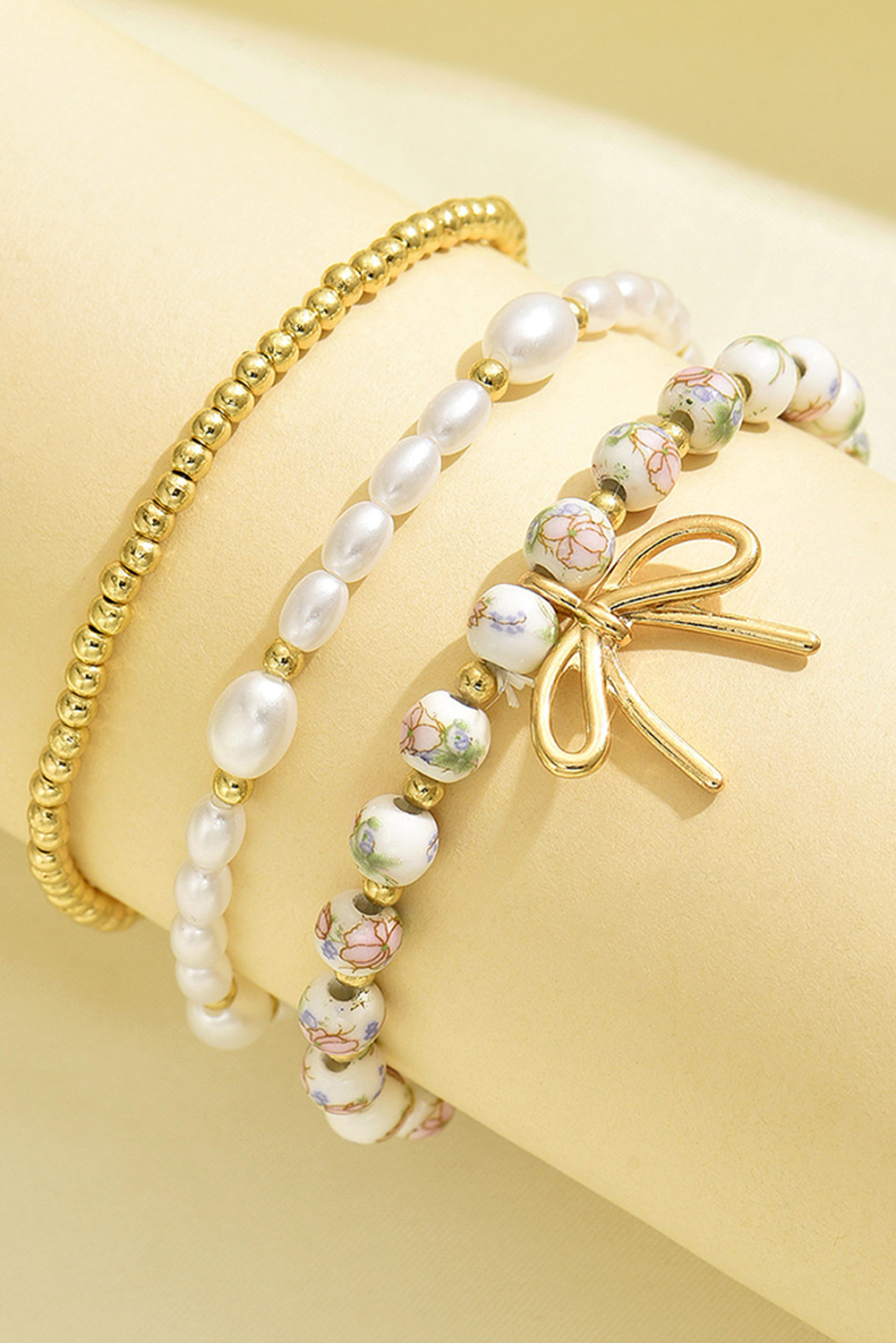 Bow Knot Beaded Triple Layer Bracelet Set