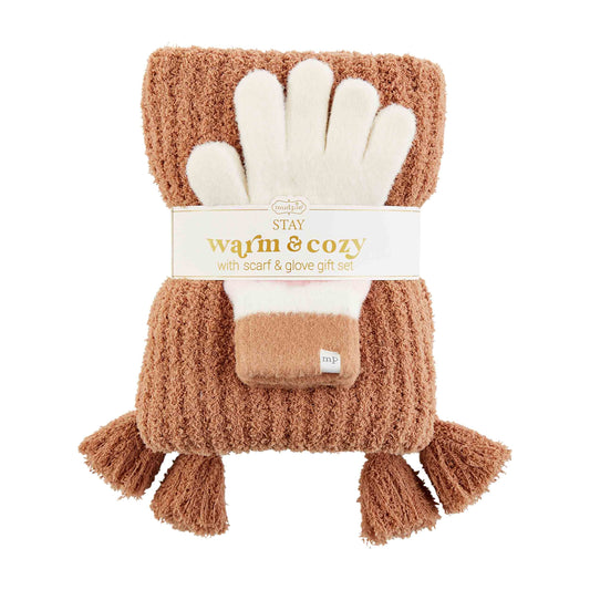 Color-Block Glove & Scarf Set - Camel