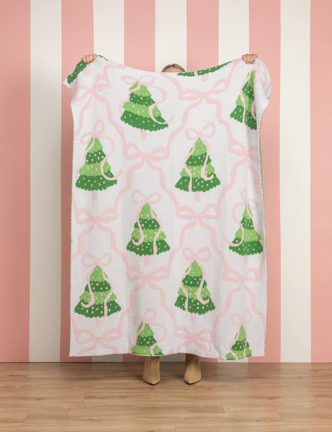 Pink Bow Christmas Tree Chenille Blanket