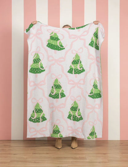 Pink Bow Christmas Tree Chenille Blanket