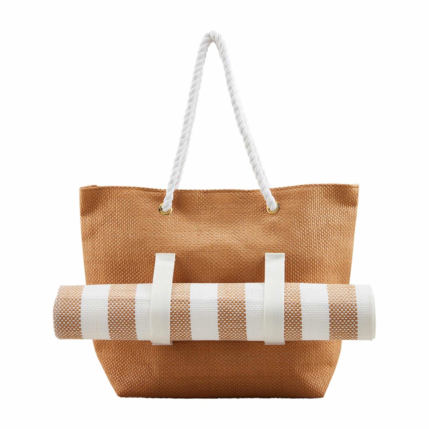 Straw Mat And Tote Set - Tan