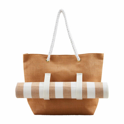 Straw Mat And Tote Set - Tan