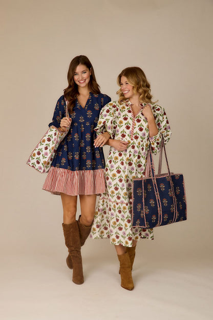 White Quilted Multi-Harvest Block Print Tote