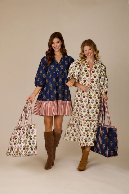 White Quilted Multi-Harvest Block Print Tote