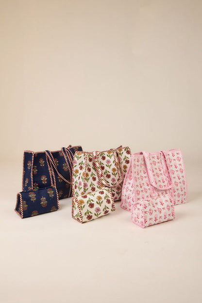 White Quilted Multi-Harvest Block Print Pouch