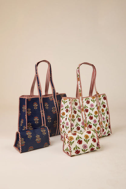 White Quilted Multi-Harvest Block Print Pouch