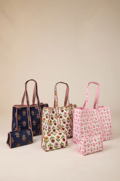 White Quilted Multi-Harvest Block Print Pouch