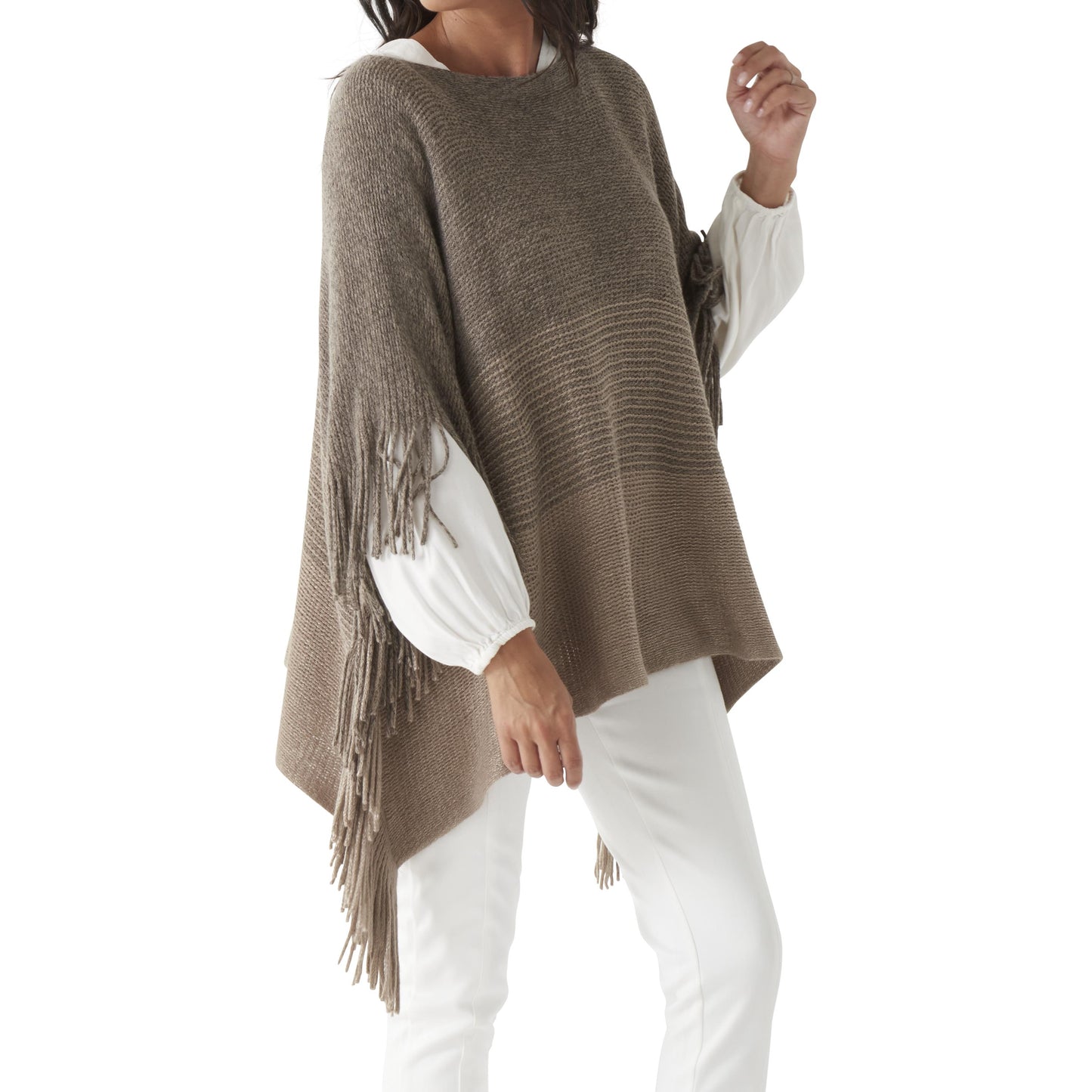Khaki Knit Poncho with Side Fringe