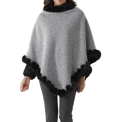 Gray Tweed Poncho with Faux Fur Lining & Trim
