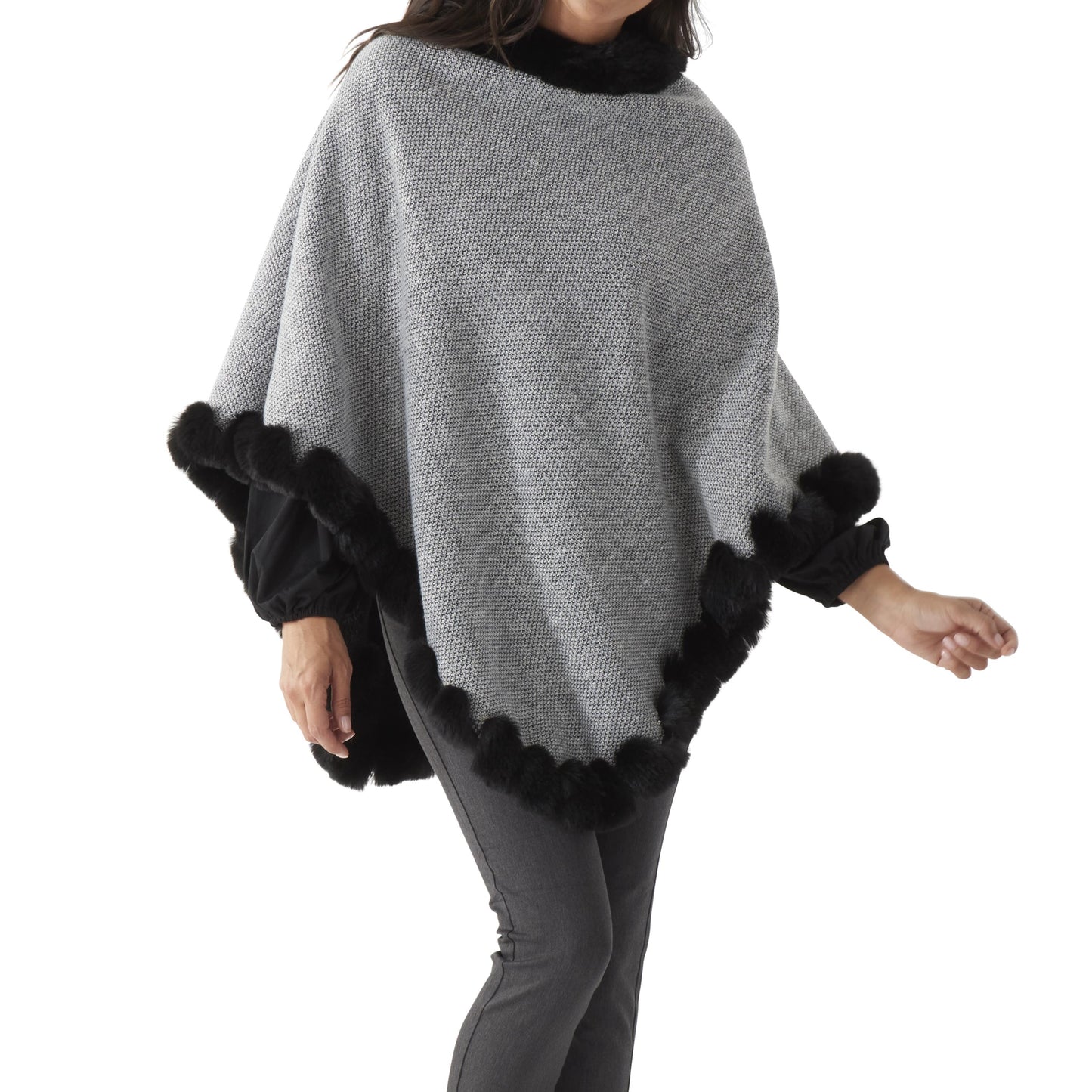 Gray Tweed Poncho with Faux Fur Lining & Trim