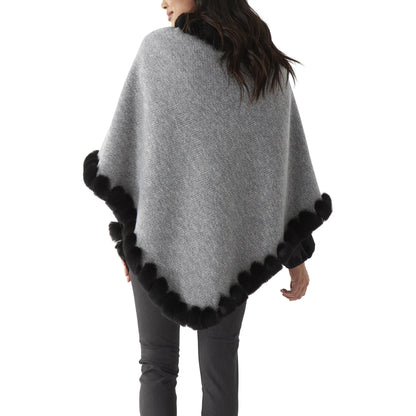 Gray Tweed Poncho with Faux Fur Lining & Trim