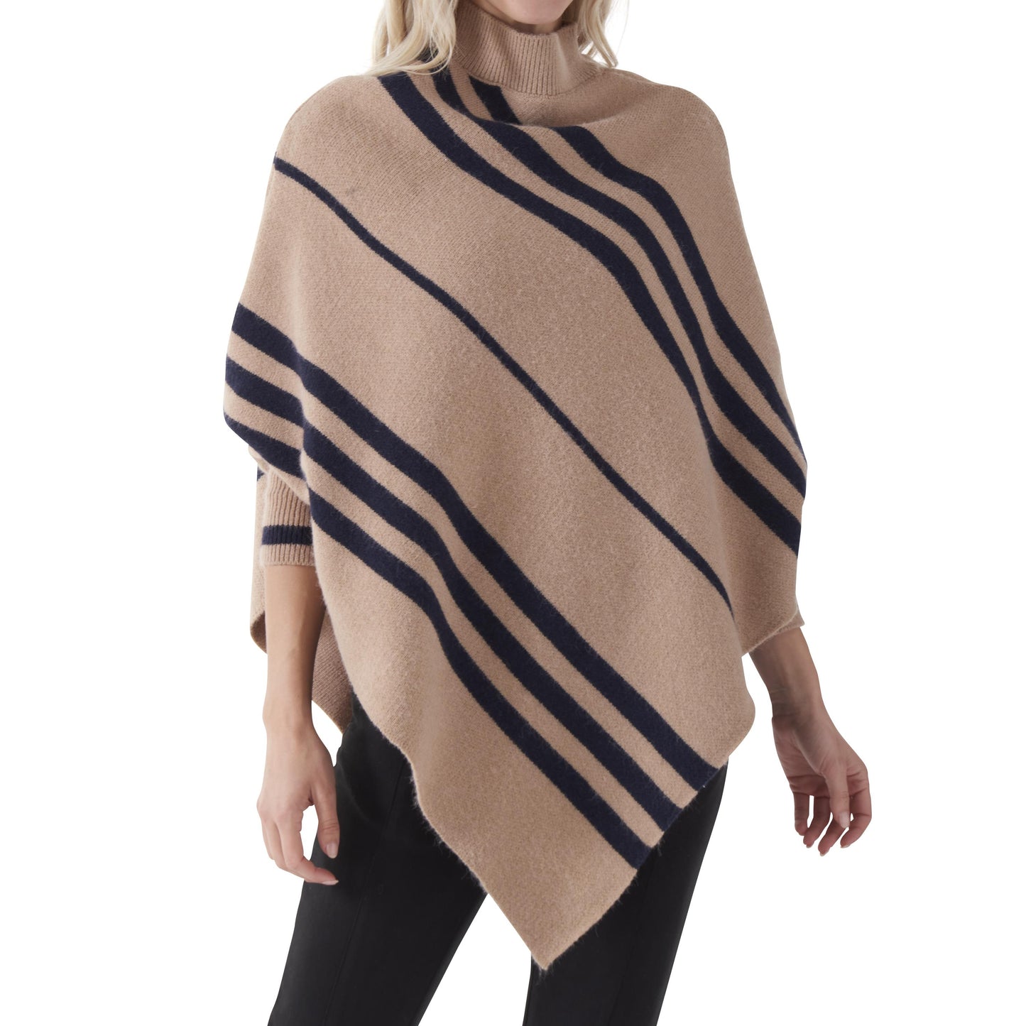 Tan with Navy Stripes Poncho with Sleeves