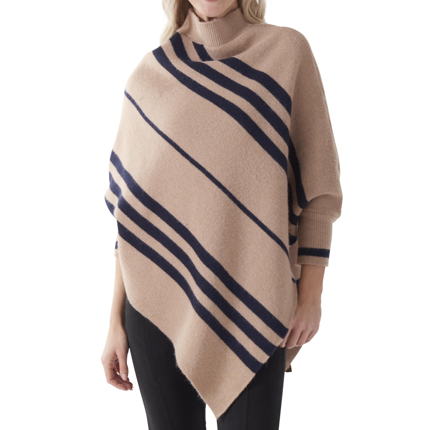Tan with Navy Stripes Poncho with Sleeves
