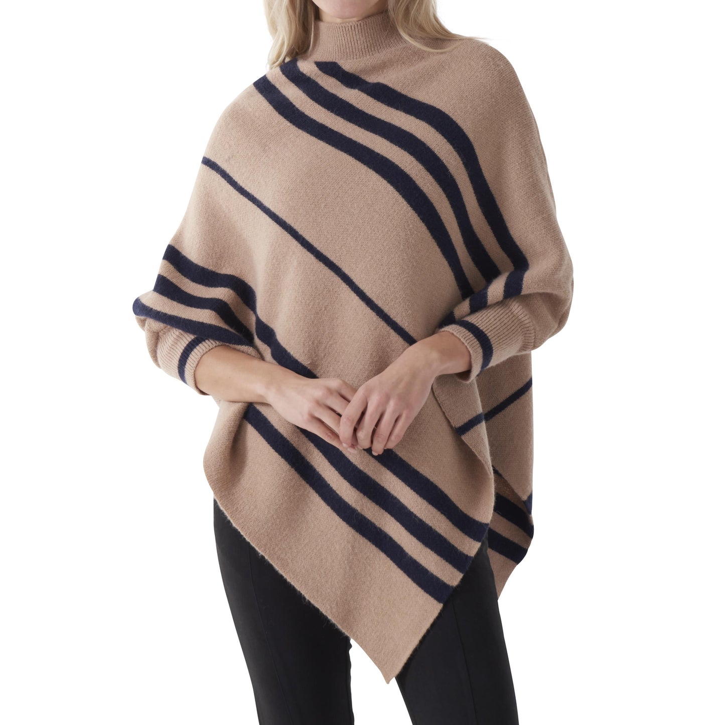 Tan with Navy Stripes Poncho with Sleeves