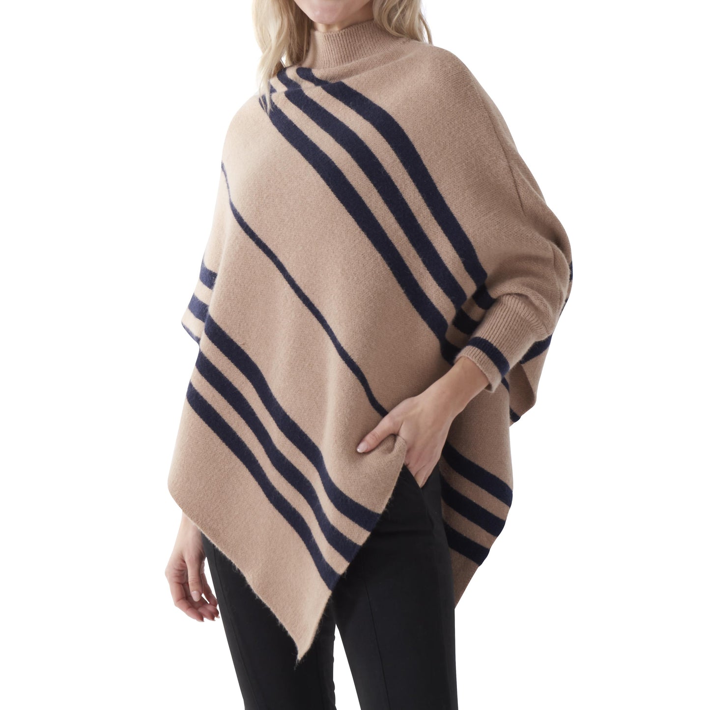 Tan with Navy Stripes Poncho with Sleeves