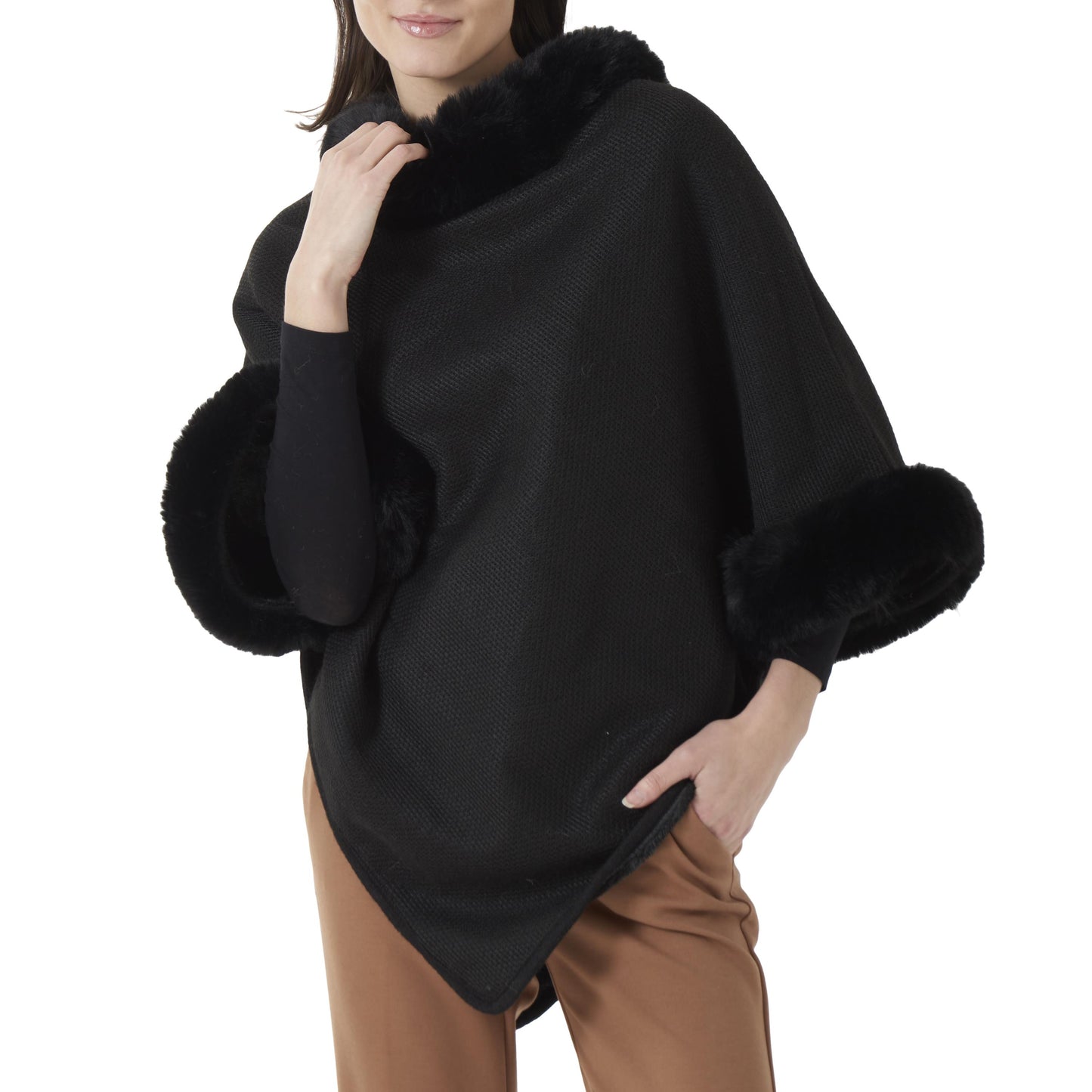 Black Faux Fur Collar & Cuff Poncho