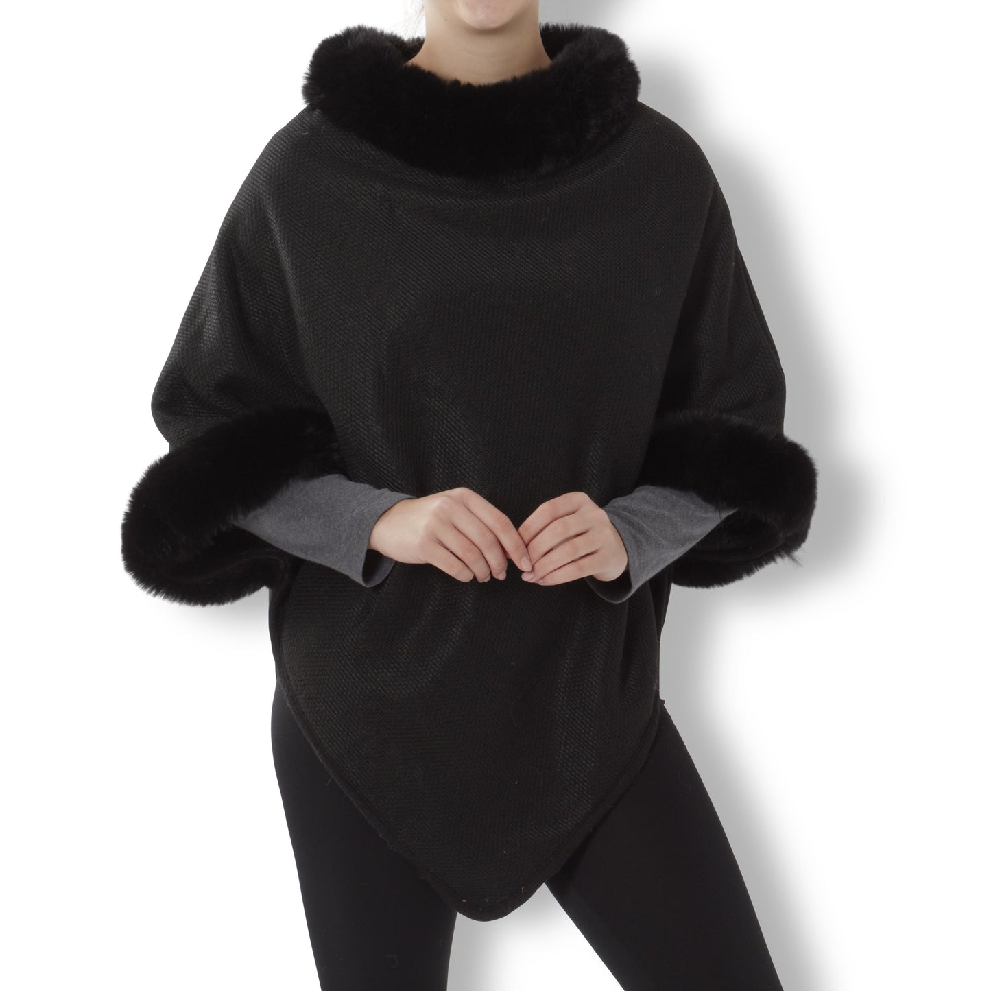 Black Faux Fur Collar & Cuff Poncho
