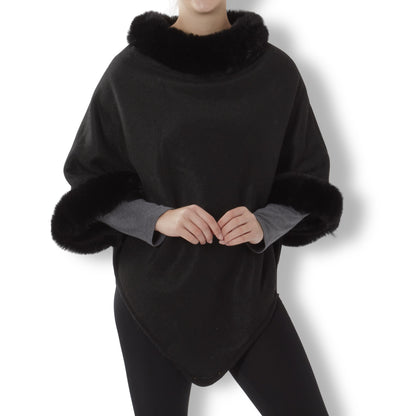 Black Faux Fur Collar & Cuff Poncho