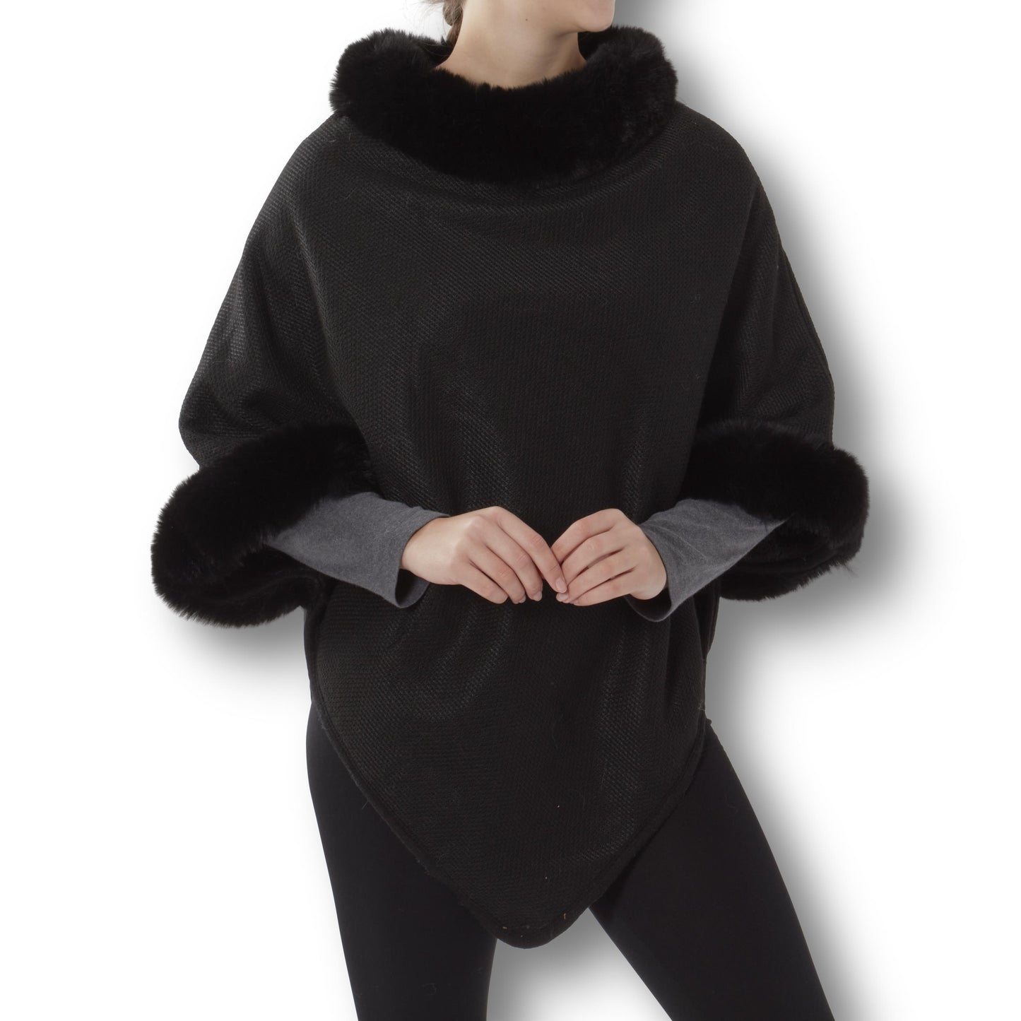 Black Faux Fur Collar & Cuff Poncho